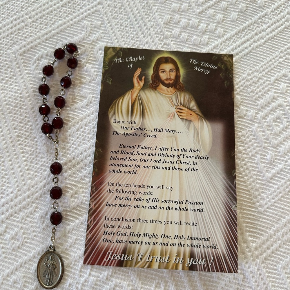 Rosary Beads with Devotional Card - Burgundy Beads